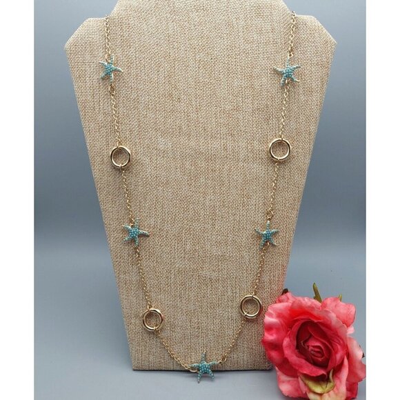 MINT Condition Charming Charlie Beachy Chain Gold Tone Blue Sea Star Stations - Picture 4 of 10